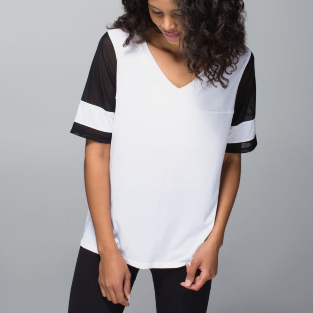 lululemon athletica White and Black V-Neck Short Sleeve Tee
